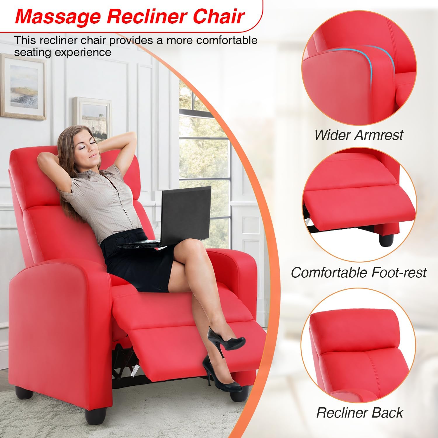 FDW Recliner Chair Massage Chair Reading Chair Reclining Sofa Home Theater Seating with Lumbar Support Massage and Padded Backrest for Living Room and Bedroom (Leather, Red)