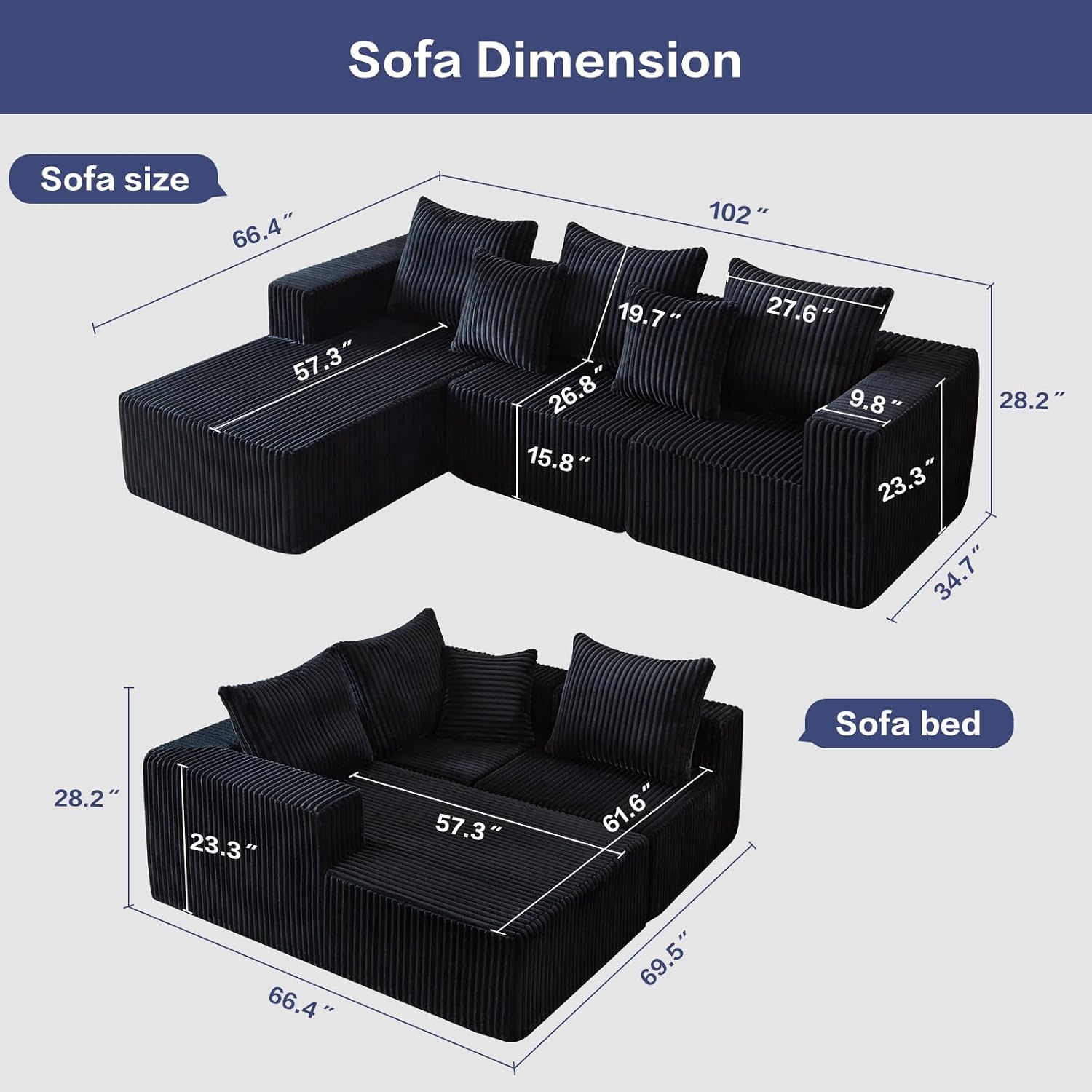102' Black Couch for Living Room,Boneless Couch No Assembly Required,Comfy Couches with Oversized Chaise,Compressed Sofa for Any Room,Modern Sofa-Corduroy
