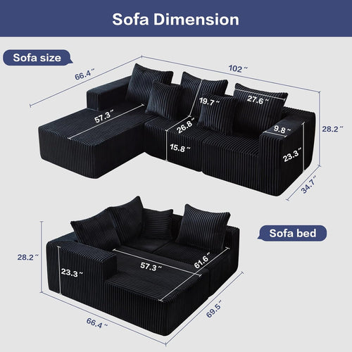 102' Black Couch for Living Room,Boneless Couch No Assembly Required,Comfy Couches with Oversized Chaise,Compressed Sofa for Any Room,Modern Sofa-Corduroy