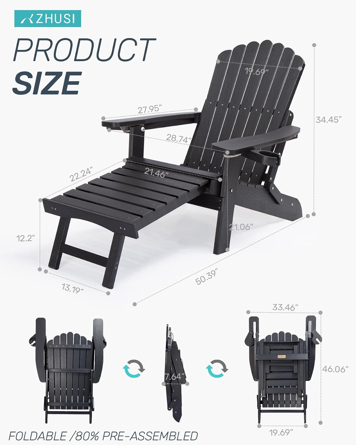 ZHUSI Folding Adjustable Adirondack Chair with Retractable Ottoman, Adirondack Chair with 2 Cup Holders, Outdoor Chairs for Porch Patio Lawn Balcony Weather Resistant (Black, 1 pcs)