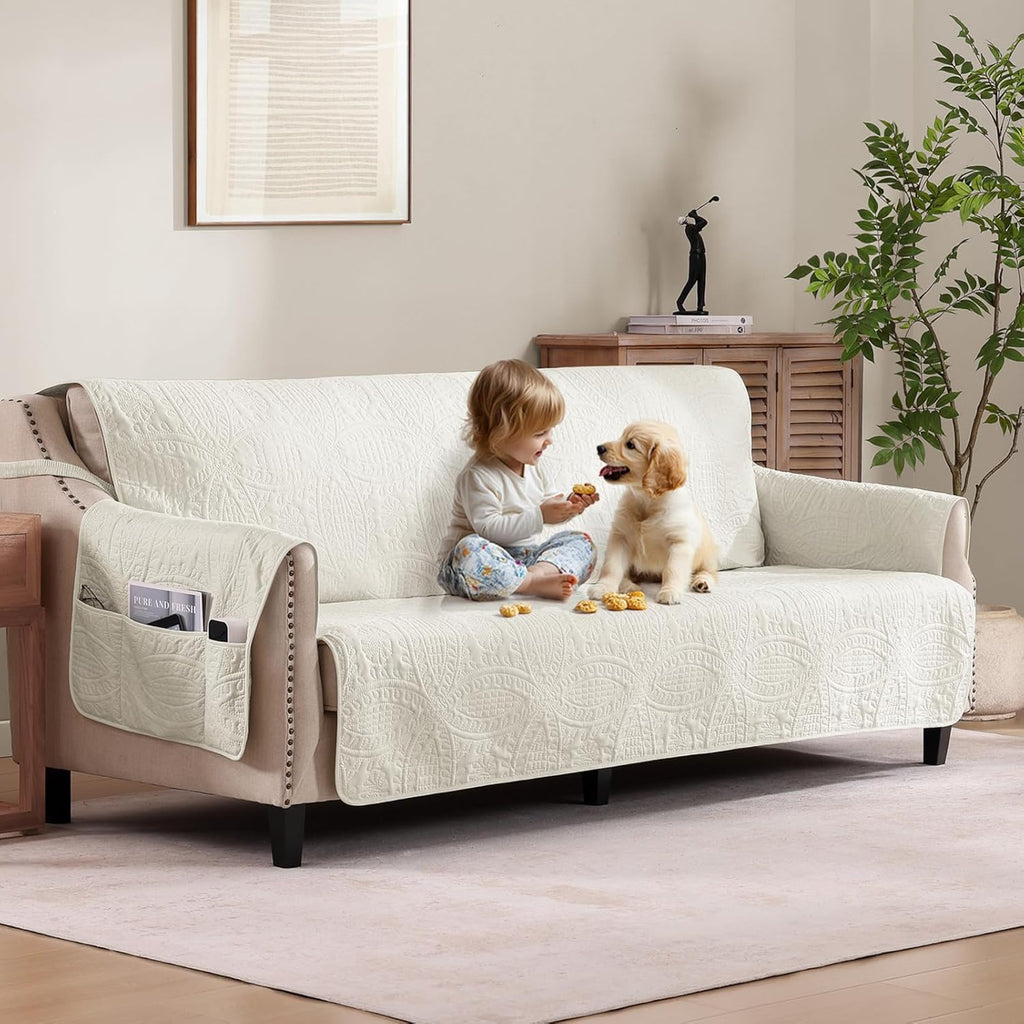 Quilted Grand Sofa Covers for 4 Cushion Couch, Couch Cover for Grand Sofa Washable, Soft Cozy Couch Protector, Oversized Grand Sofa Slipcovers Water-Repellent (Grand Sofa 98', Ivory White)