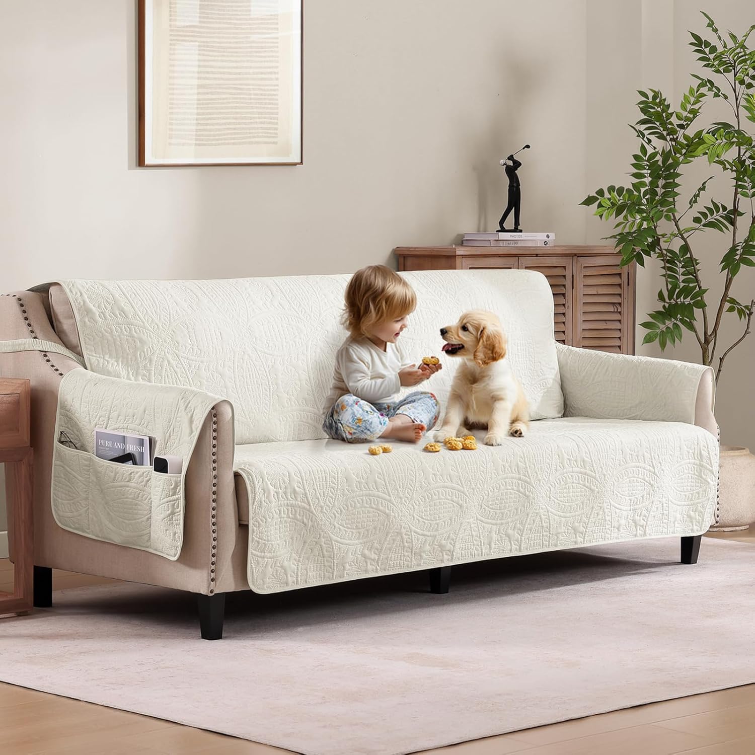Quilted Grand Sofa Covers for 4 Cushion Couch, Couch Cover for Grand Sofa Washable, Soft Cozy Couch Protector, Oversized Grand Sofa Slipcovers Water-Repellent (Grand Sofa 98', Ivory White)