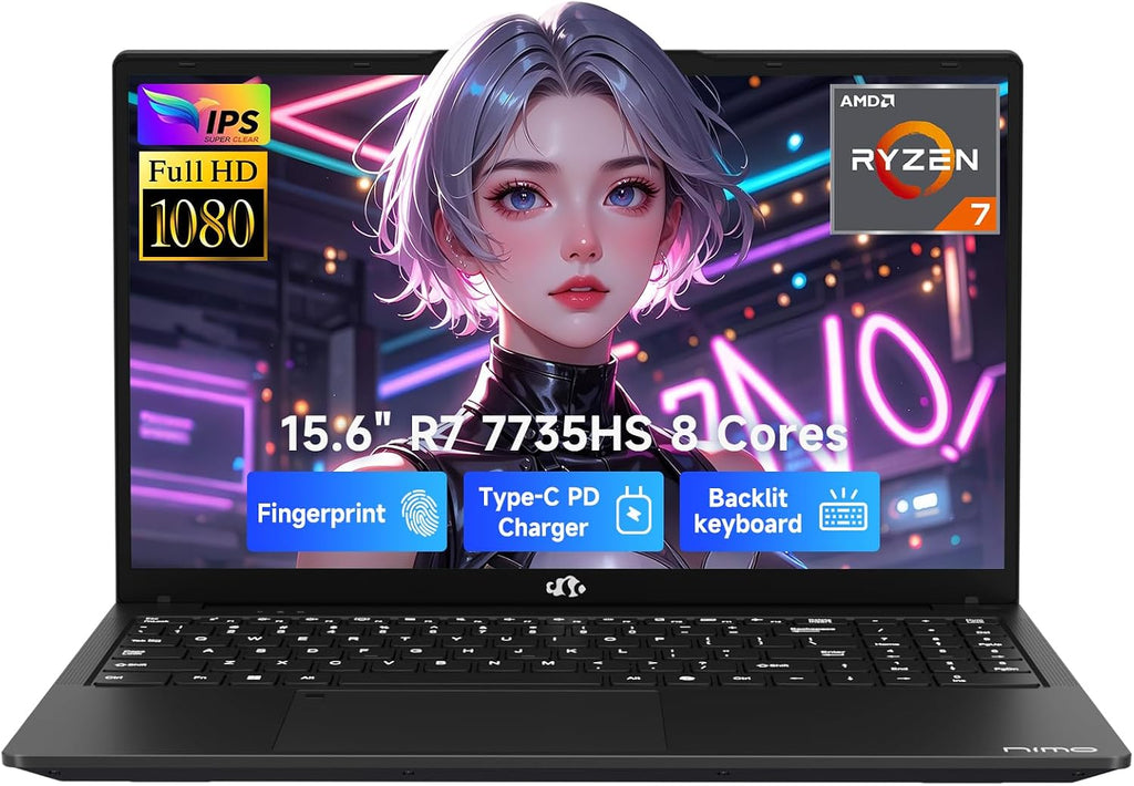 NIMO 15.6' IPS FHD Gaming-Laptop, AMD Ryzen 7 7735HS 16GB DDR5 RAM 512GB SSD (8C/16T, Up to 4.75GHz) Business-Computer with Radeon 680M Graphics 100W Type-C Backlit Keyboard Fingerprint