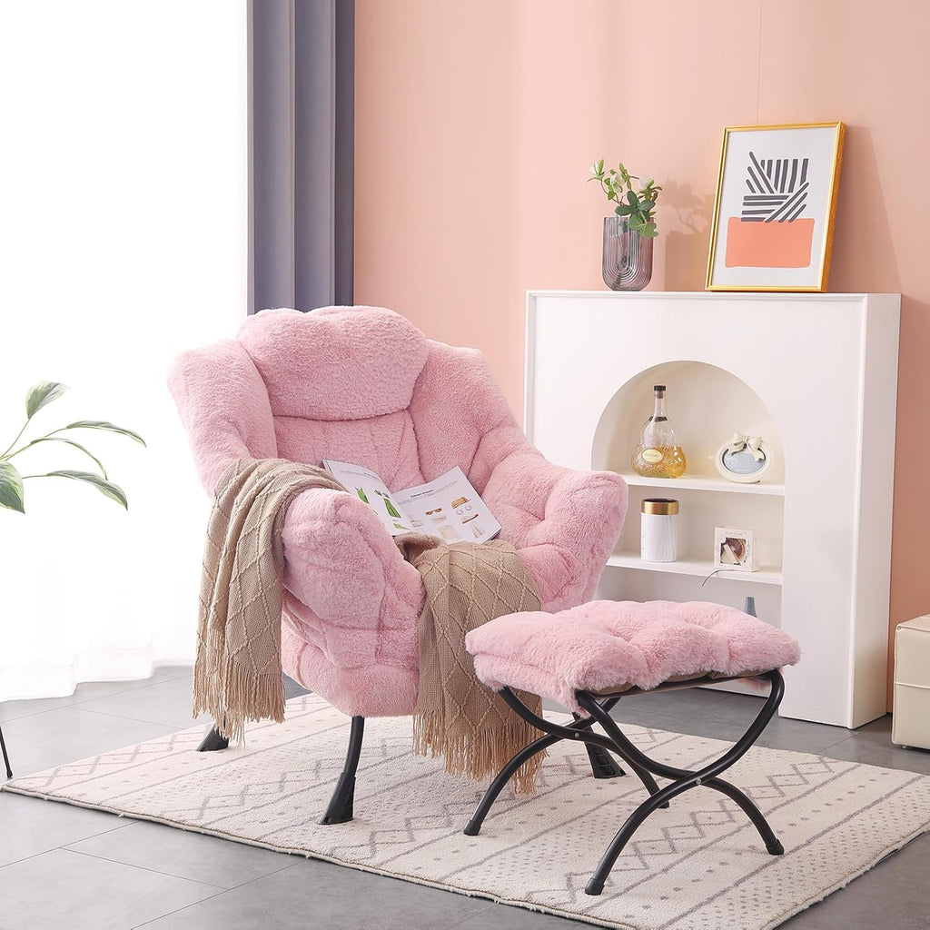 MBOOYOME Lazy Chair with Folding Ottoman, Modern Accent Lounge Armchair with Armrests and a Side Pocket & Foldable Footstool, Leisure Reading Chair for Living Room, Bedroom, Dorm & Office, Plush Pink