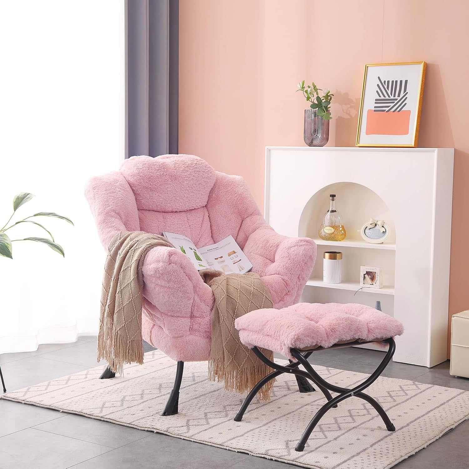 MBOOYOME Lazy Chair with Folding Ottoman, Modern Accent Lounge Armchair with Armrests and a Side Pocket & Foldable Footstool, Leisure Reading Chair for Living Room, Bedroom, Dorm & Office, Plush Pink