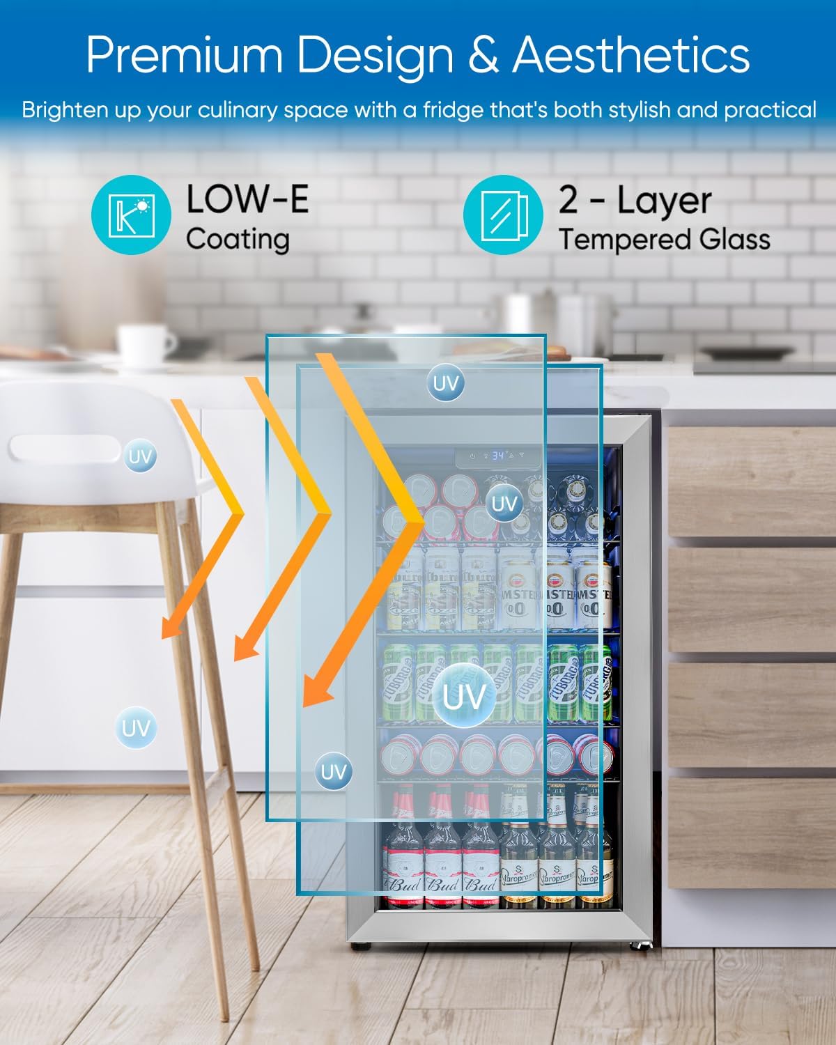 Feelfunn 3.2 Cu.Ft Mini Fridge with Glass Door - 126 Can Beverage Refrigerator Cooler for Drink Beer Wine Soda, Small Refrigerator for Bedroom Office Bar Dorm, 4 Adjustable Shelves, Silver