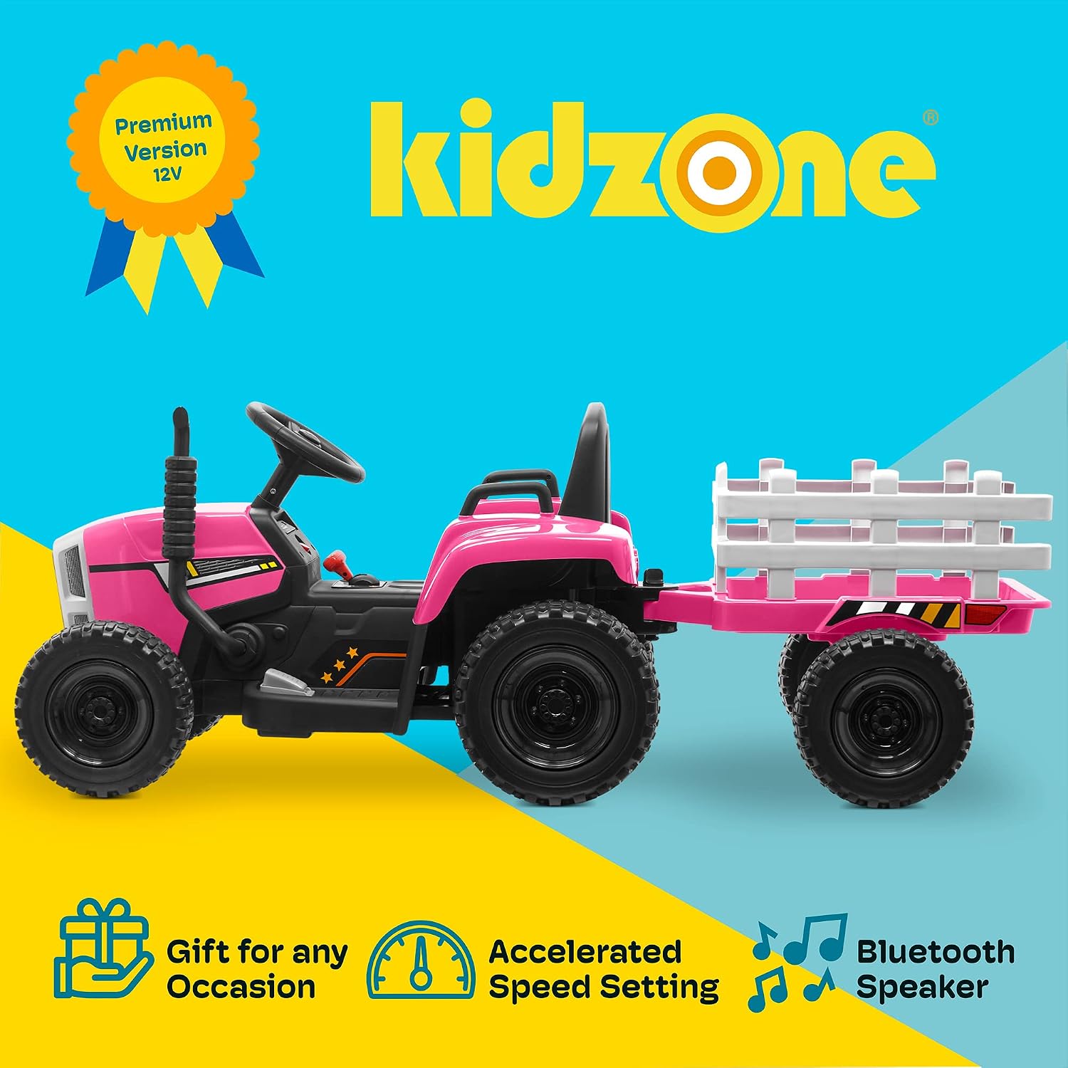 Kidzone 12V7AH Premium Version w/EVA Treaded Tires Dual 35W Motors Boost Power Torque Remote Control Electric Tractor w/Trailer Toddler Ride On Toy 3-Gear-Shift, 7-LED Lights Bluetooth,Pink