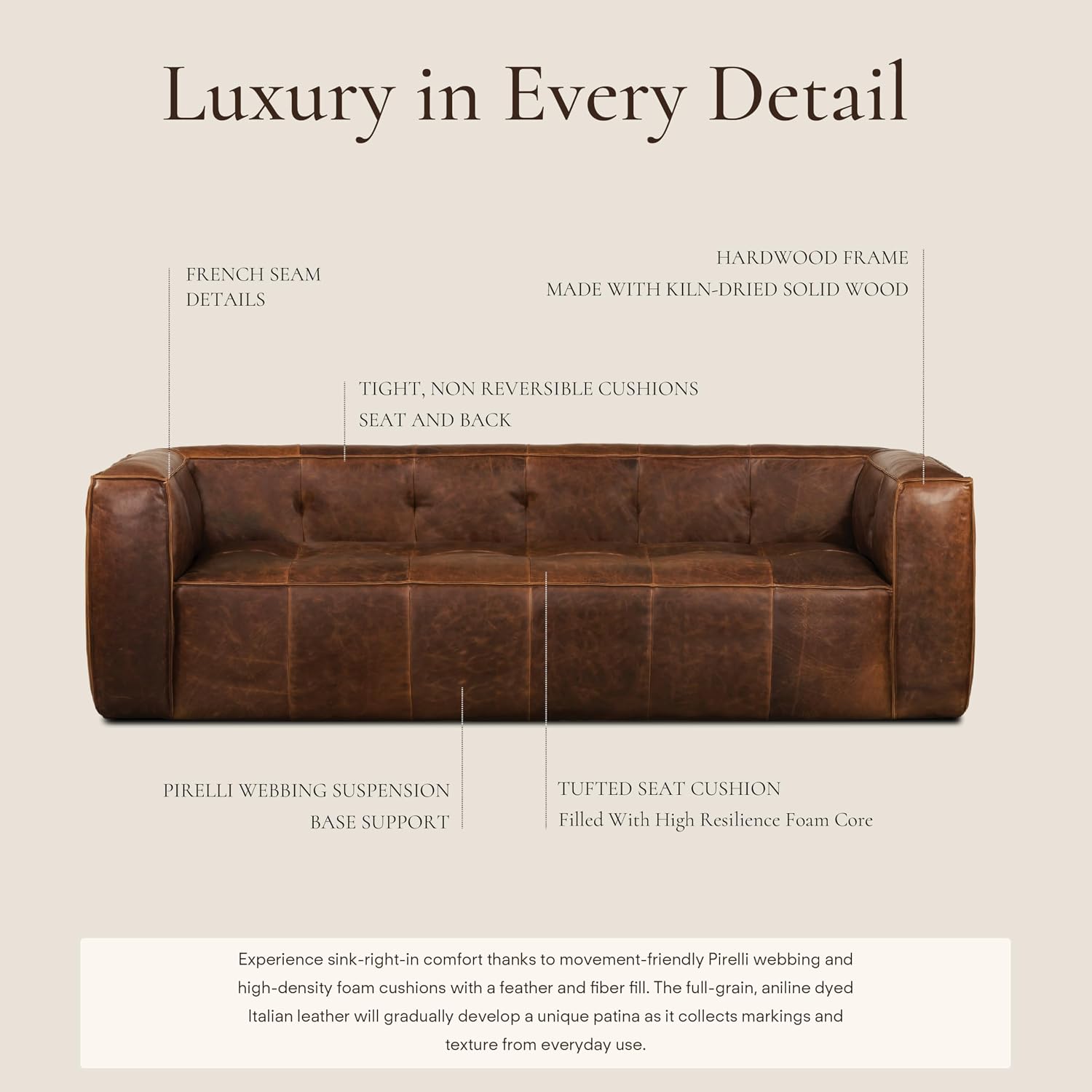 POLY & BARK Capa 96.5' Sofa – Chocolate Brown Full-Grain Pure-Aniline Italian Leather, Boxy Modern Design, Feather-Fiber Cushions, Solid Wood Frame