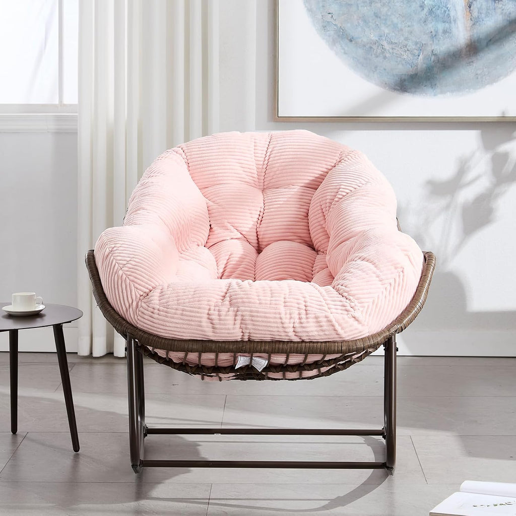 JEEOHEY Papasan Rocking Chairs Outdoor Indoor, Oversized Rattan Rocker Patio Chair with Padded Cushion, Comfy Modern Indoor Egg Chair for Living Room, Bedroom, Porch, Garden, Balcony(Corduroy, Pink)