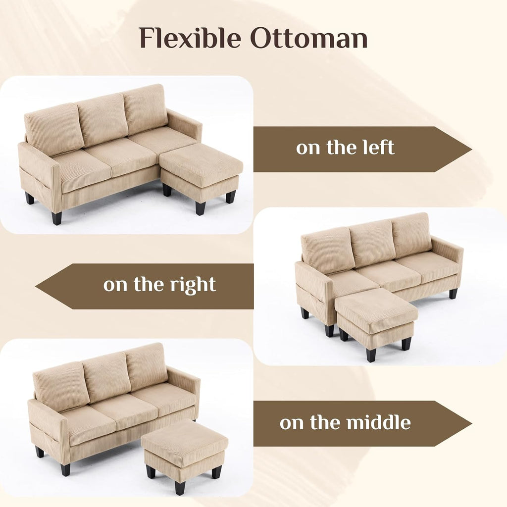 Karl home Small Sectional Couch L Shaped Sofa with Movable Storage Ottoman Corduroy Upholostered Sofa Chaise with Side Pockets for Living Room, Apartment, Studio, Khaki