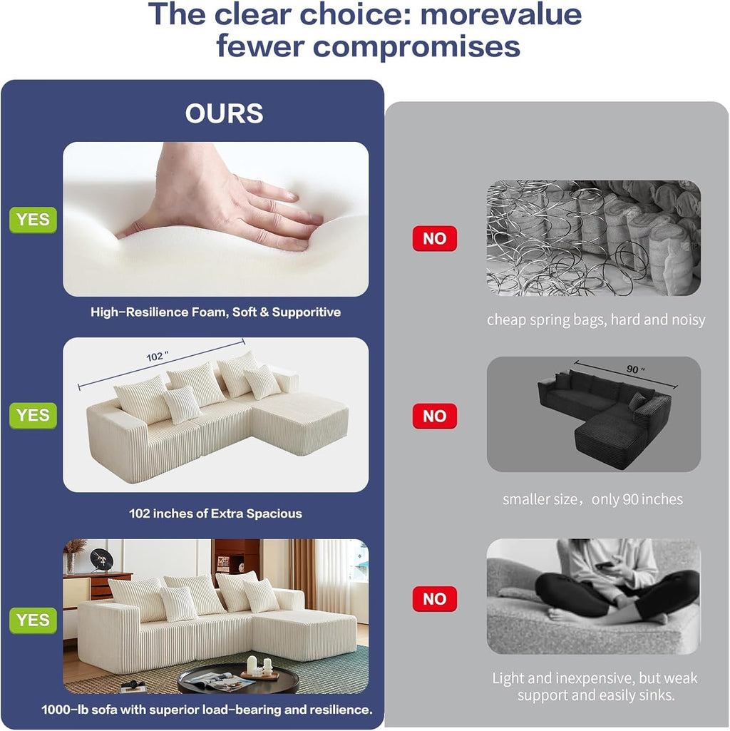 102' Sectional Couches for Living Room,Boneless Cloud Couch,L-Shaped Sofa with Oversized Deep Seat,Comfy Couch for Apartment,Compressed Sofa in a Box,No Assembly Required(Corduroy,Beige)