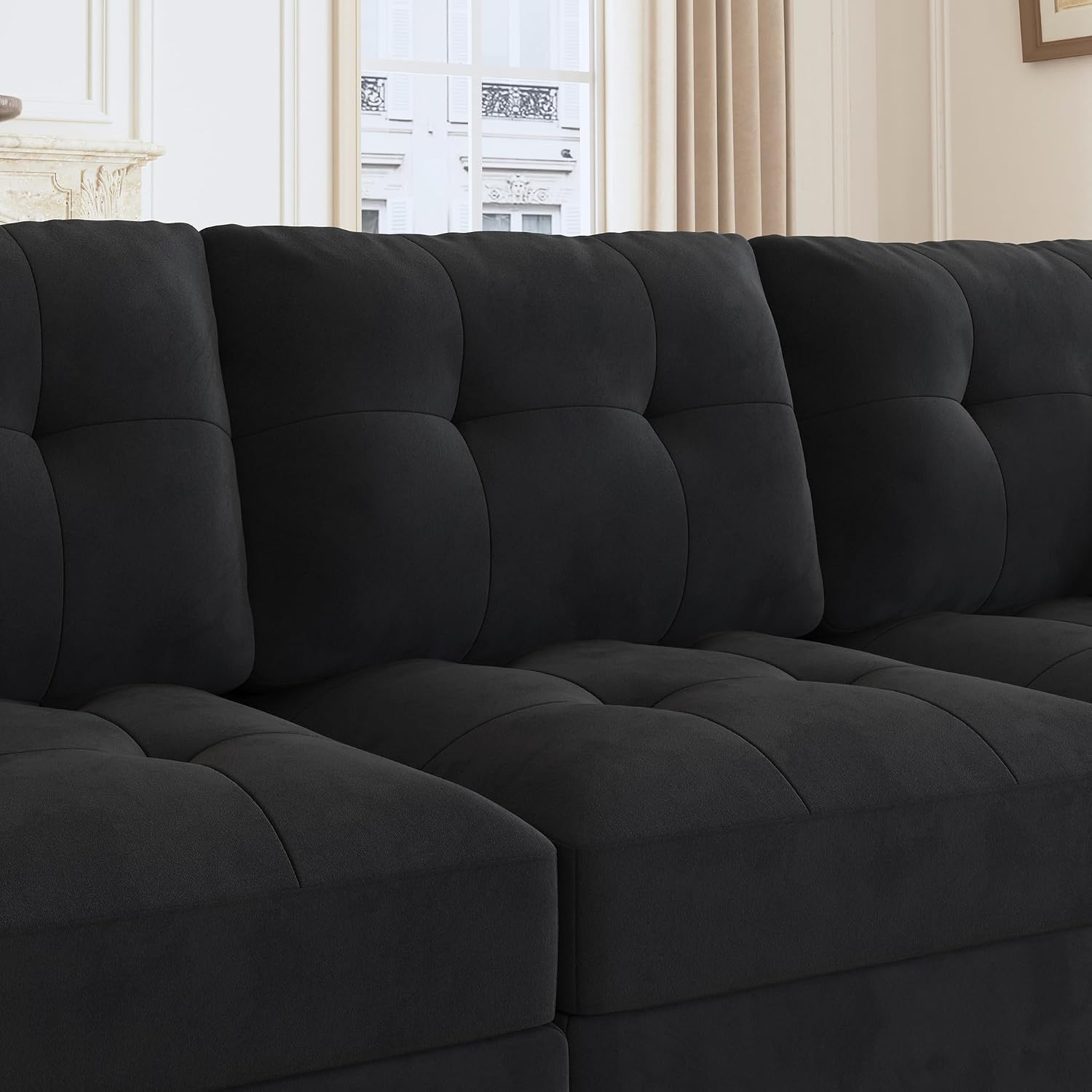 HONBAY Sectional Couch with Storage, Modular Sectional Sofa, Velvet Couches for Living Room, Black