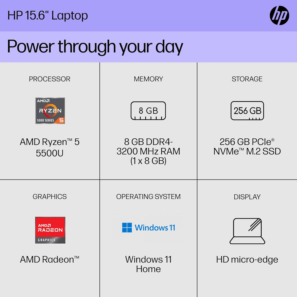 HP 15 inch Laptop, HD Display, AMD Ryzen 5 5500U, 8 GB RAM, 256 GB SSD, AMD Radeon Graphics, Windows 11 Home, 15-ef2099nr (2023)