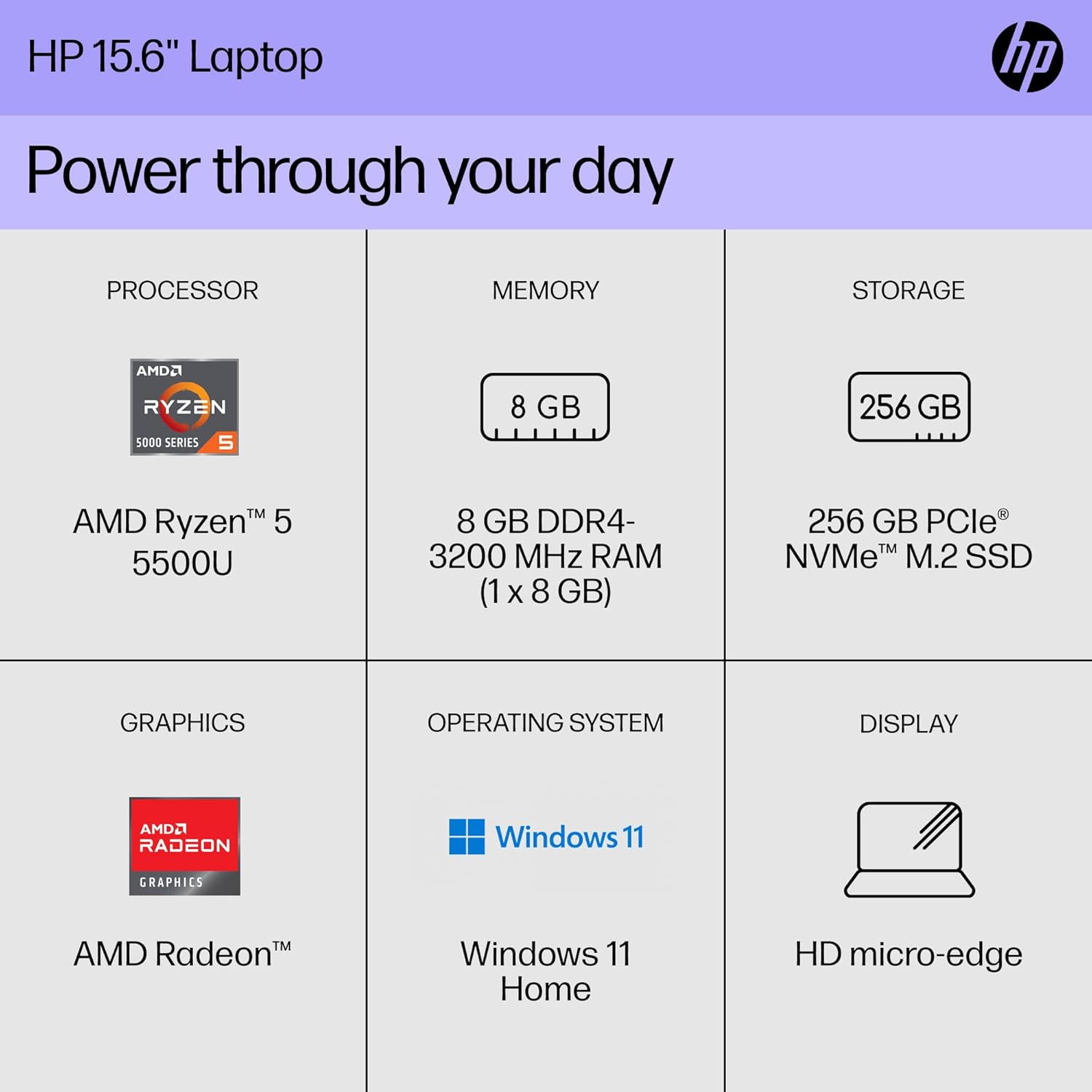 HP 15 inch Laptop, HD Display, AMD Ryzen 5 5500U, 8 GB RAM, 256 GB SSD, AMD Radeon Graphics, Windows 11 Home, 15-ef2099nr (2023)
