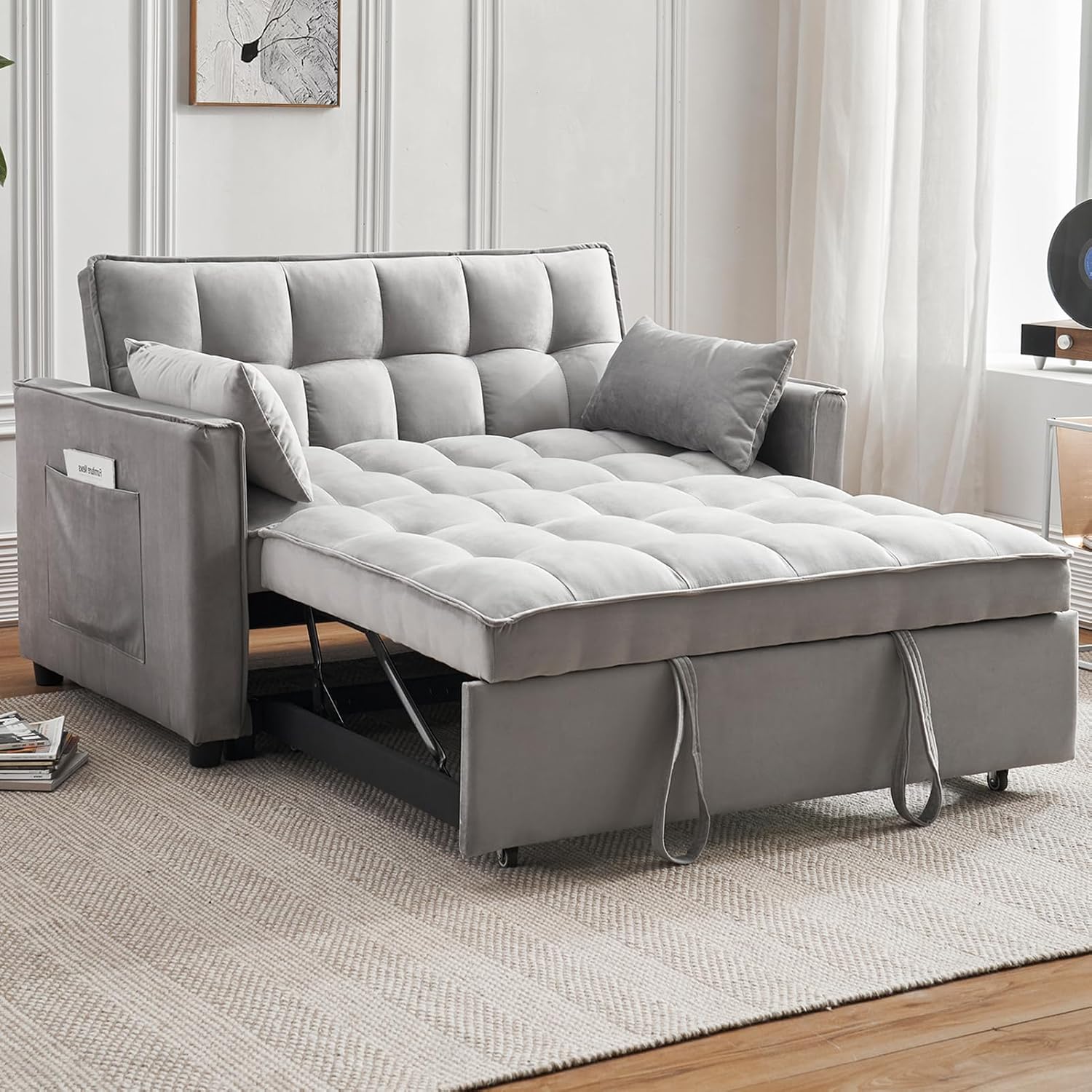 ECHINGLE Futon Sofa Bed, 3 in 1 Sleeper Sofa Couch Bed with Armrests, Storage Pockets and 2 Pillows, Adjustable Backrest, Sofa Bed Couch for Living Room, Bedroom, Office,Reading Room(Grey)