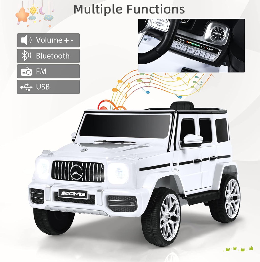 INFANS Licensed Mercedes Benz G63 Kids Ride On Car, 12V Electric Vehicle with Remote Control, Double Open Doors, Music, Bluetooth, Wheels Suspension, Battery Powered for Children Boy Girl (White)