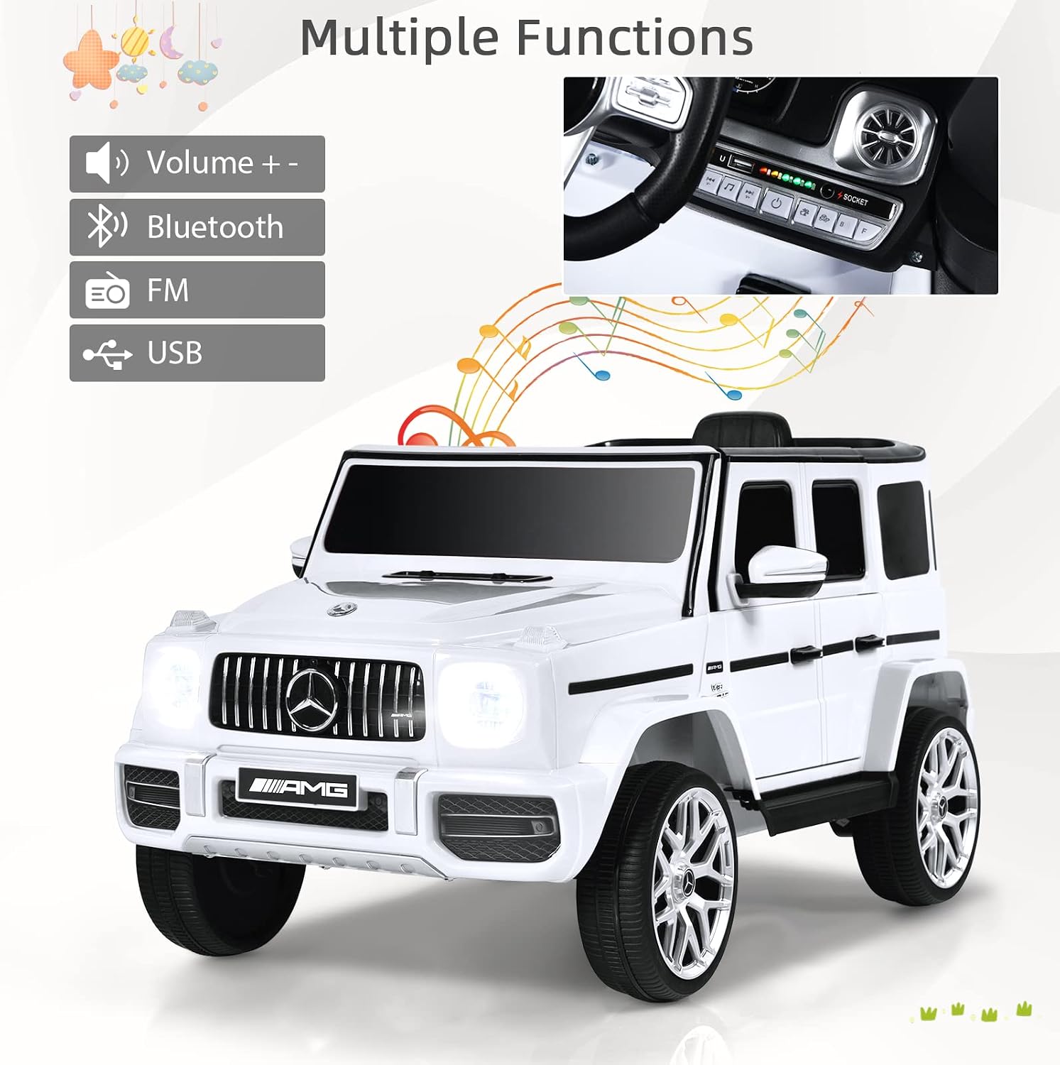 INFANS Licensed Mercedes Benz G63 Kids Ride On Car, 12V Electric Vehicle with Remote Control, Double Open Doors, Music, Bluetooth, Wheels Suspension, Battery Powered for Children Boy Girl (White)
