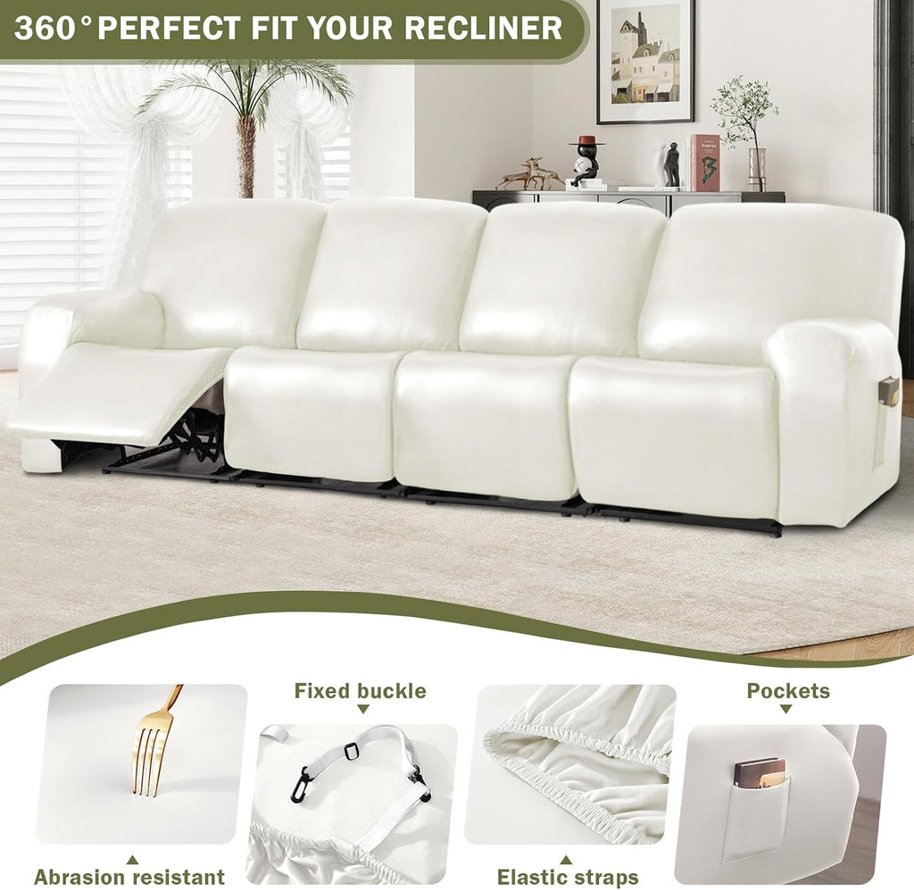 vctops 10 Pieces Waterproof Faux PU Leather Recliner Sofa Covers Stretch Soft 4 Seats RV Couch Cover Anti-Slip Sofa Slipcover Furniture Protector with Elastic Bottom for Kids Pet(White,4 Seat)
