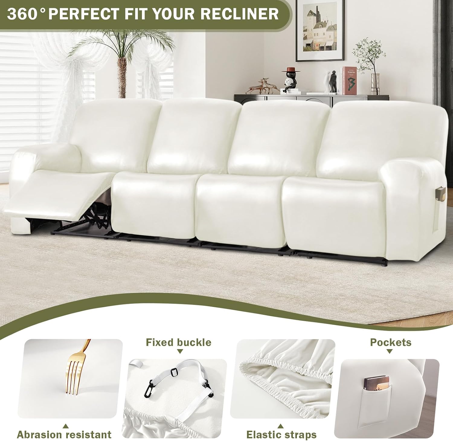 vctops 10 Pieces Waterproof Faux PU Leather Recliner Sofa Covers Stretch Soft 4 Seats RV Couch Cover Anti-Slip Sofa Slipcover Furniture Protector with Elastic Bottom for Kids Pet(White,4 Seat)