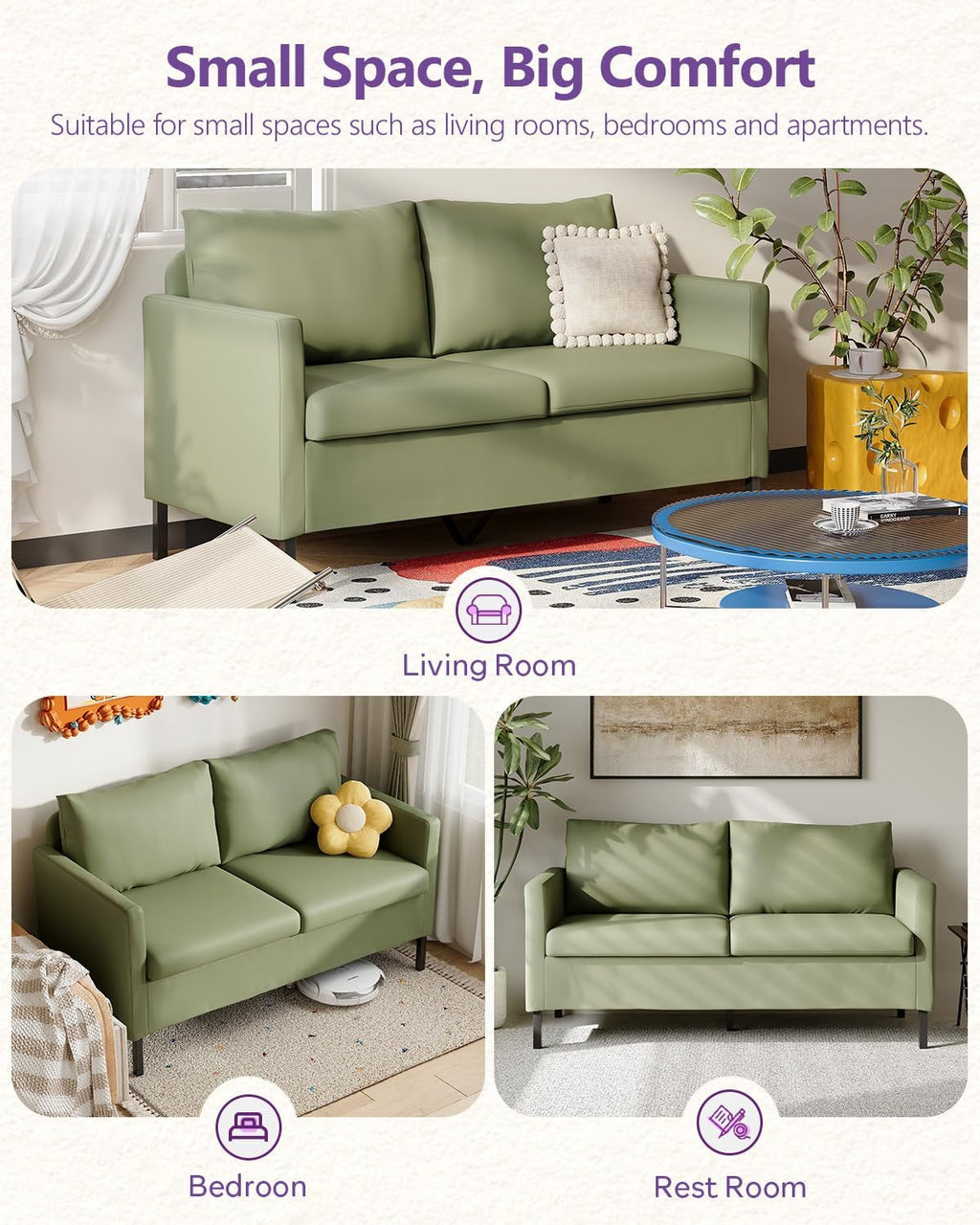 TYBOATLE Faux Leather Modern Small Couches for Small Spaces, Comfy Upholstered Love Seat for Bedroom, 2 Seater Mini Couch for Apartment, Dorm, Office, Green