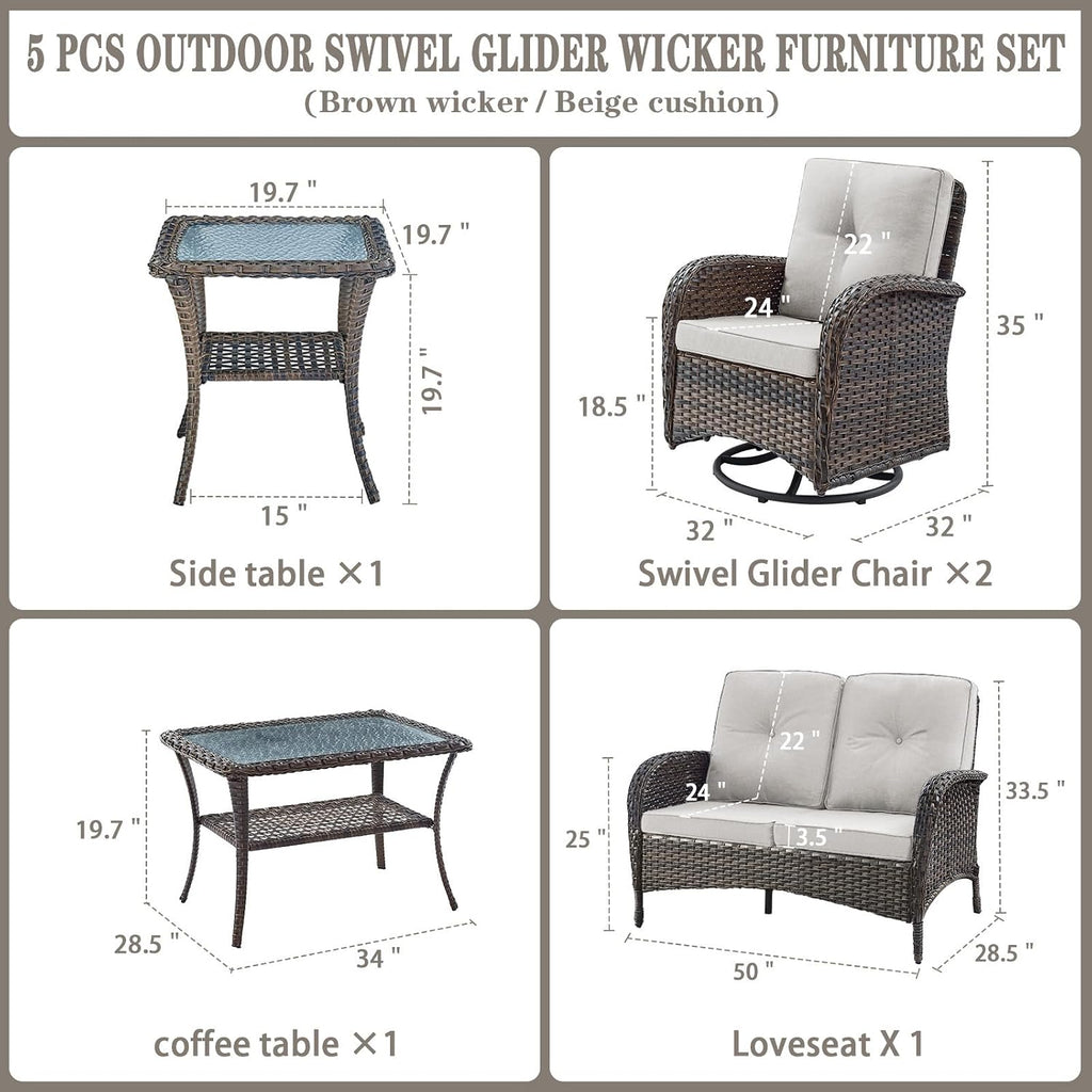 Belord 5 Piece Wicker Patio Furniture Set - Outdoor Conversation Sets with Deep Seating Swivel Rocker Chairs Loveseat and Rattan Coffee Table for Deck Backyard, Brown Wicker/Beige Cushion