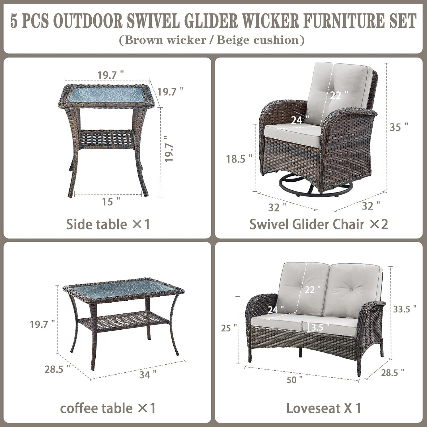 Belord 5 Piece Wicker Patio Furniture Set - Outdoor Conversation Sets with Deep Seating Swivel Rocker Chairs Loveseat and Rattan Coffee Table for Deck Backyard, Brown Wicker/Beige Cushion