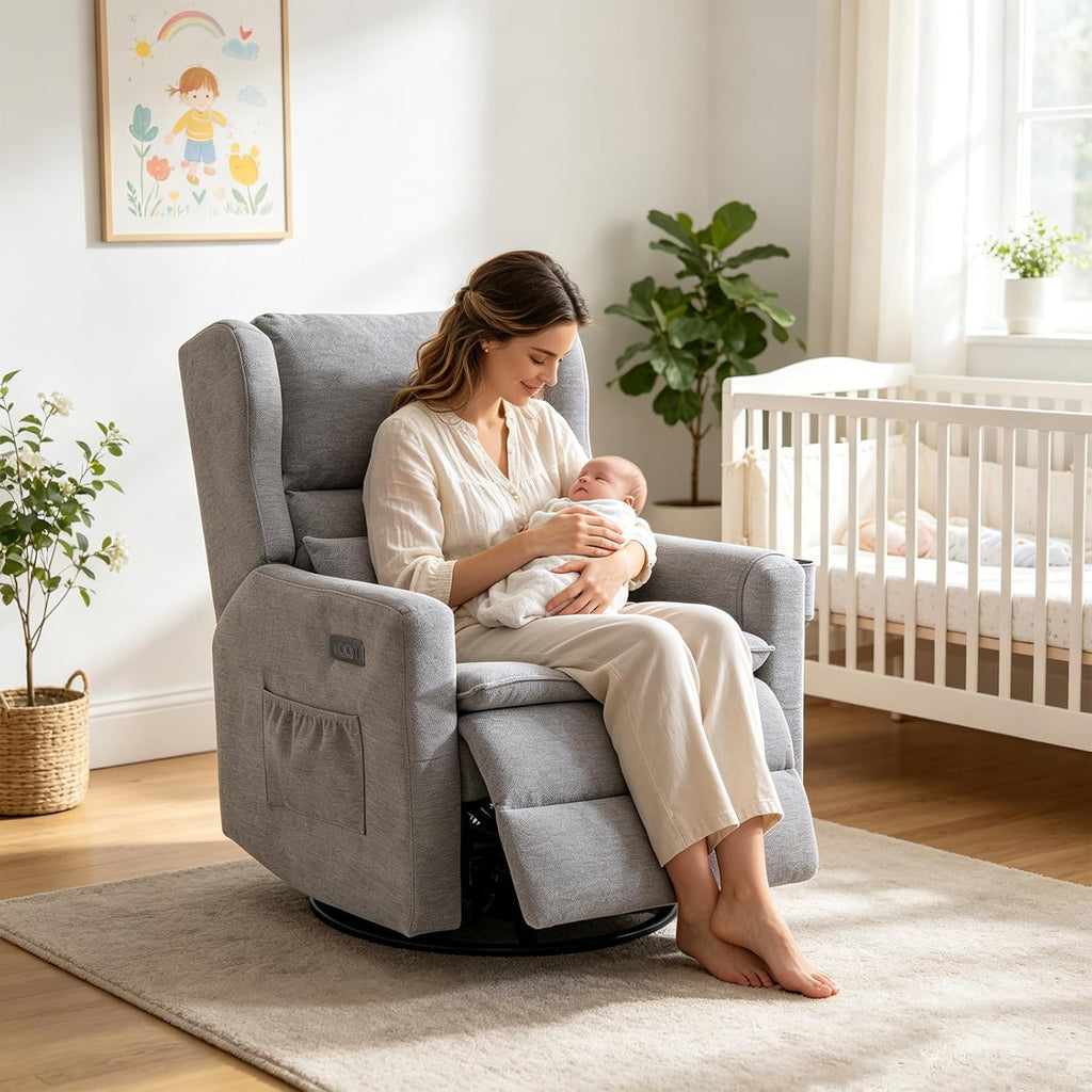 Power Recliner Chair Swivel Glider, Oversized Swivel Rocker Recliner with Adjustable Headrest, Chenille Glider Recliner Nursery Chair with Overstuffed Lumbar Support, USB Ports,Grey