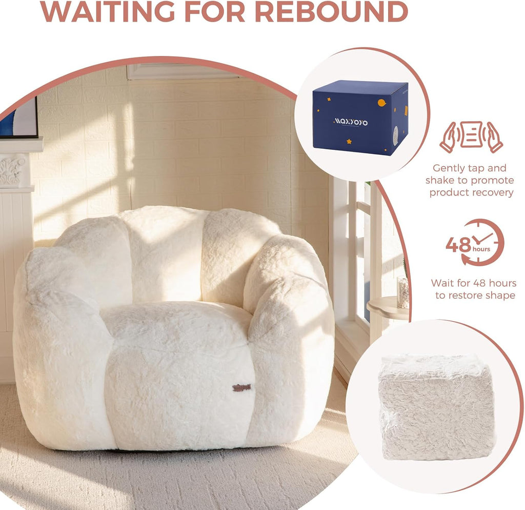 MAXYOYO Bean Bag Chair for Adults, Floral Shaped Bean Bag Sofa, Ultra Soft Faux Fur Floor Sofa, Large Reading Chair for Living Room Bedroom, Beige, Single