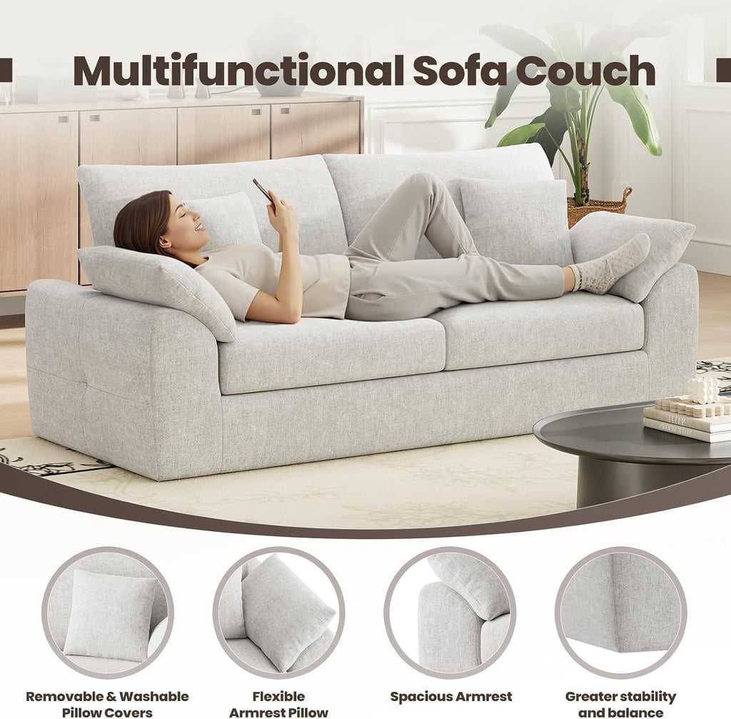 MALOL 90' Boneless Loveseat Sofa, Cloud Foam Couch, 3 Seater Upholstered Midcentury Mondern Love Seat, Wide Armrest and 4 Pillows for Home Living Room/Small Spaces, No Assembly Required, Beige