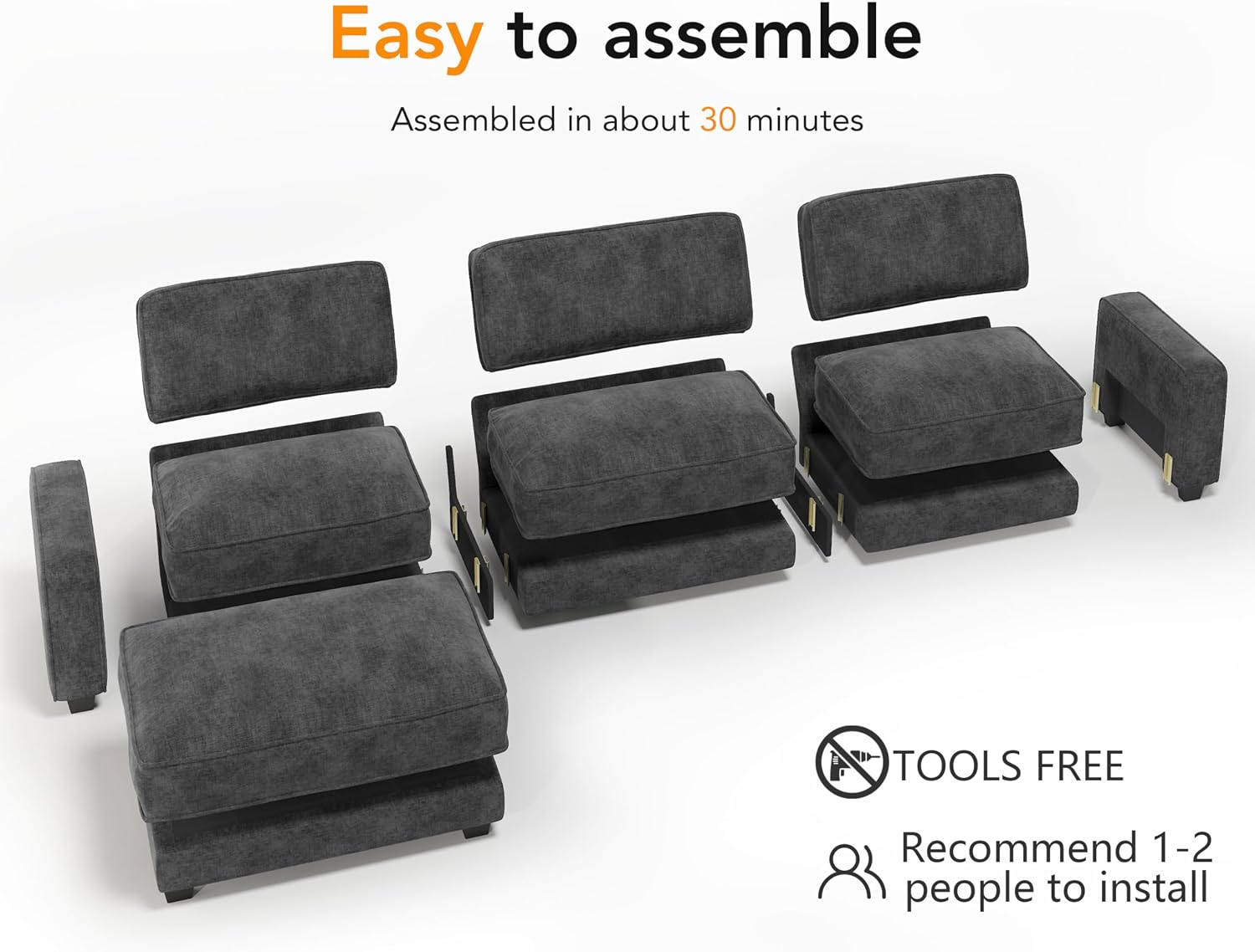 Vipbear 120' Oversized Modular Sectional Sofa, L Shaped Couch Set with 2 Pillows, 4 Seat Comfy Cloud Couches with Movable Ottoman for Living Room, Bedroom and Apartment, Chenille Dark Grey
