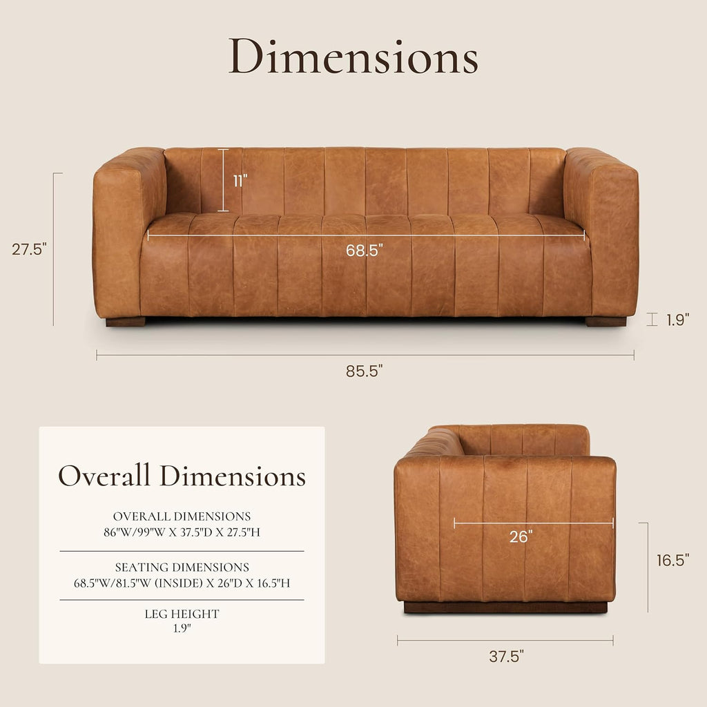 POLY & BARK Canale Sofa – 86' Channel-Tufted Italian Leather Couch – Cognac Tan Full-Grain Pure-Aniline or Semi-Aniline Leather, Solid Wood Frame & Legs