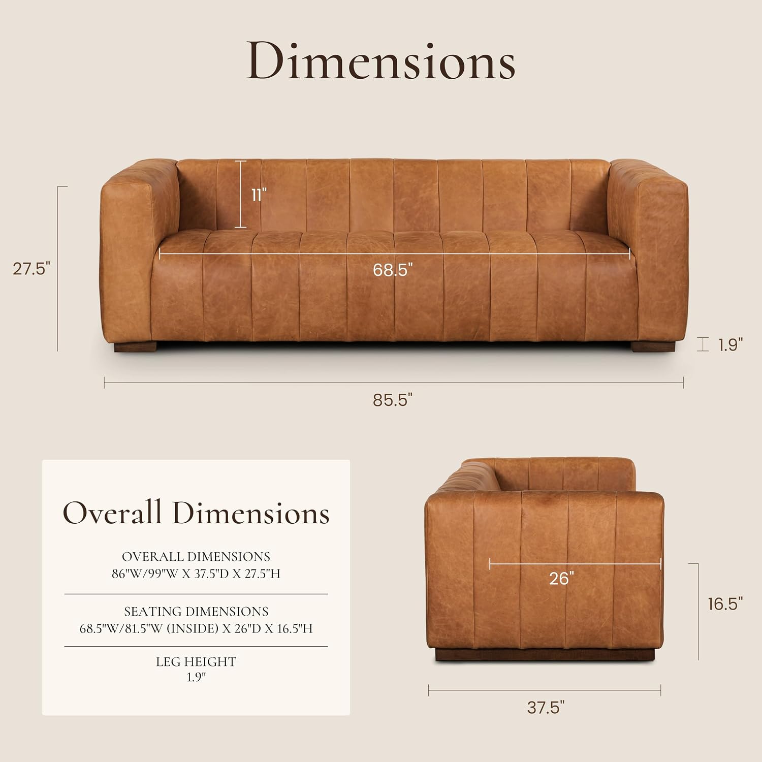 POLY & BARK Canale Sofa – 86' Channel-Tufted Italian Leather Couch – Cognac Tan Full-Grain Pure-Aniline or Semi-Aniline Leather, Solid Wood Frame & Legs
