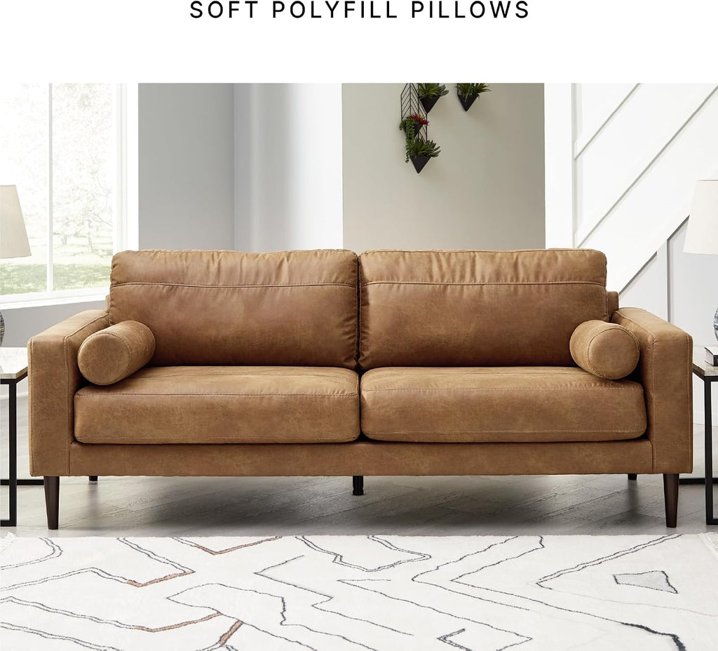 Signature Design by Ashley Telora Faux Leather Sofa, 2 Bolster Pillows, Loose Cushions, Faux Wood Finish Accent Legs, 85' W x 35' D x 35' H, Dark Brown