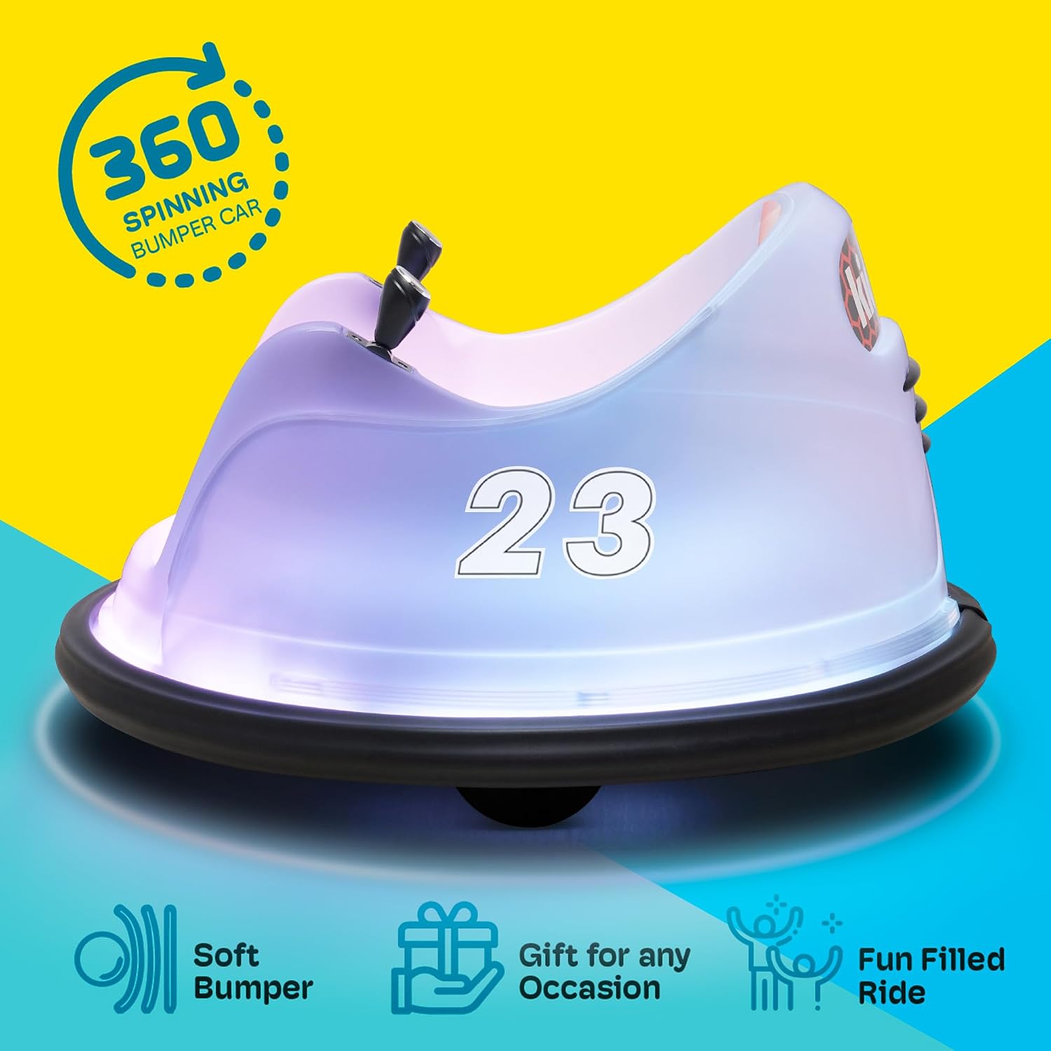 Kidzone 6V Electric Ride On Bumper Car for Kids & Toddlers 18-72 Months, Baby Bumping Toy Gifts W/Remote Control, Flashing Full-Body LED Lights & 360 Degree Spin, DIY Sticker, White