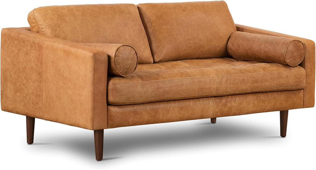 POLY & BARK Napa 72' Leather Sofa – Full-Grain Italian-Tanned Aniline Leather, Feather-Down Comfort, Solid Wood Frame, Walnut Legs, Cognac Tan