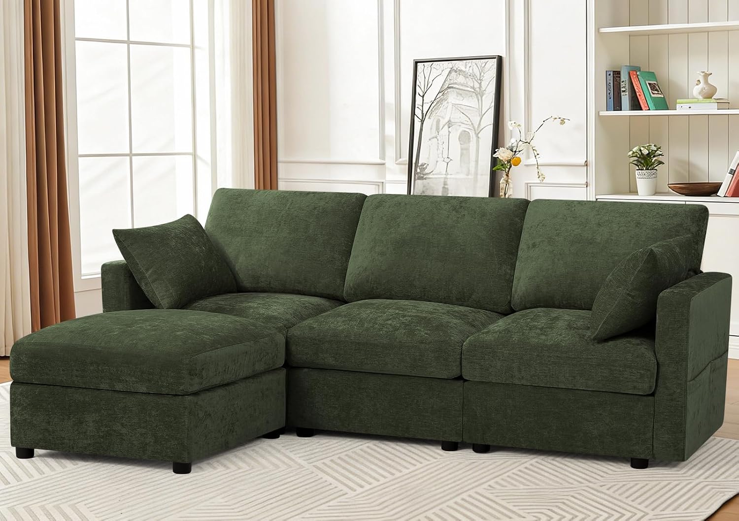 84' Chenille 3 Seats Sofa W/Movable Ottoman, Modern Fabric L Shaped Couch w/Soft Backrest, Upholstered Sectional Sofa with Armrest Pillows for Living Room, Office, Green