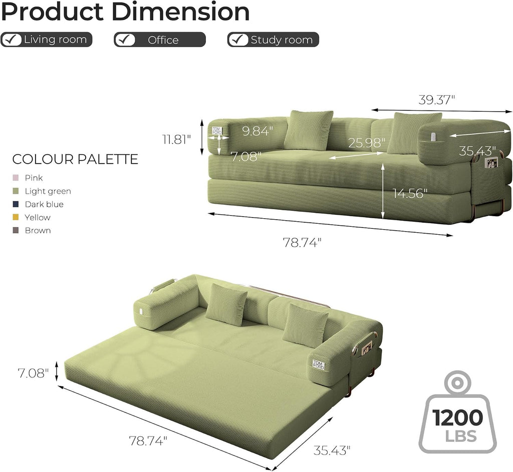 5-in-1 Folding Convertible Sofa Bed, Loveseat Sleeper with Pull-Out Bed, Floor Sofa Modular Futon Couch, 79' Oversized Corduroy Upholstered Boneless Couch for Living Room, Bedroom, Lounge, A-Green
