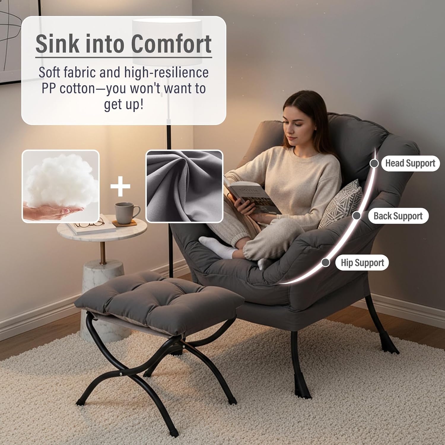Furlide Lazy Chair with Ottoman, Modern Chair with Folding Footrest, Dark Grey Accent Chair, Comfortable Reading Chair, Oversized Armchairs for Bedroom, Study, Living Room, Courtyard