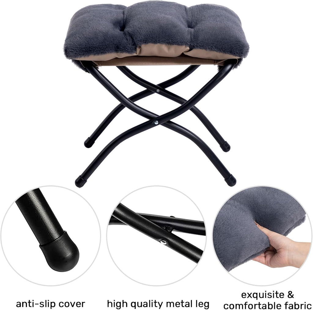 HollyHOME Lazy Chair with Foldable Ottoman, Accent Comfy Lounge Armchair and Folding Footrest Stool, Leisure Sofa Reading Chair and Footstool for Living Room, Bedroom, Dorm,Faux Fur Navy Blue