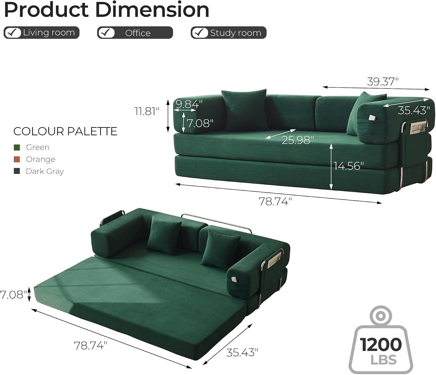 5-in-1 Folding Convertible Sofa Bed, Loveseat Sleeper with Pull-Out Bed, Floor Sofa Modular Futon Couch, 79' Oversized Corduroy Upholstered Boneless Couch for Living Room, Bedroom, Lounge, Green-A