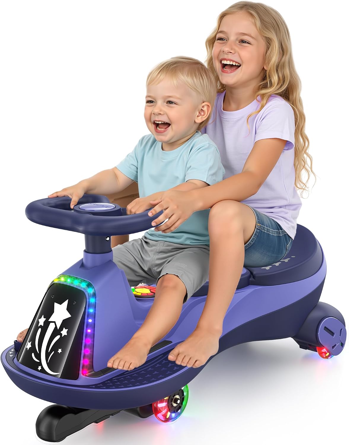 ANPABO 12V Electric Wiggle Car with Pedals, 2 Seater, 2x75W Motor, Music & Bluetooth, Ride On Toy for Kids Ages 3+, 170 Lbs, Purple