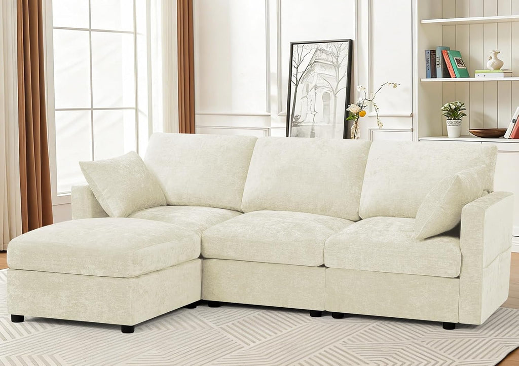 84' Chenille 3 Seats Sofa W/Movable Ottoman, Modern Fabric L-Shaped Couch with Soft Backrest, Upholstered Sectional Sofa with Armrest Pillows for Living Room, Office, Beige
