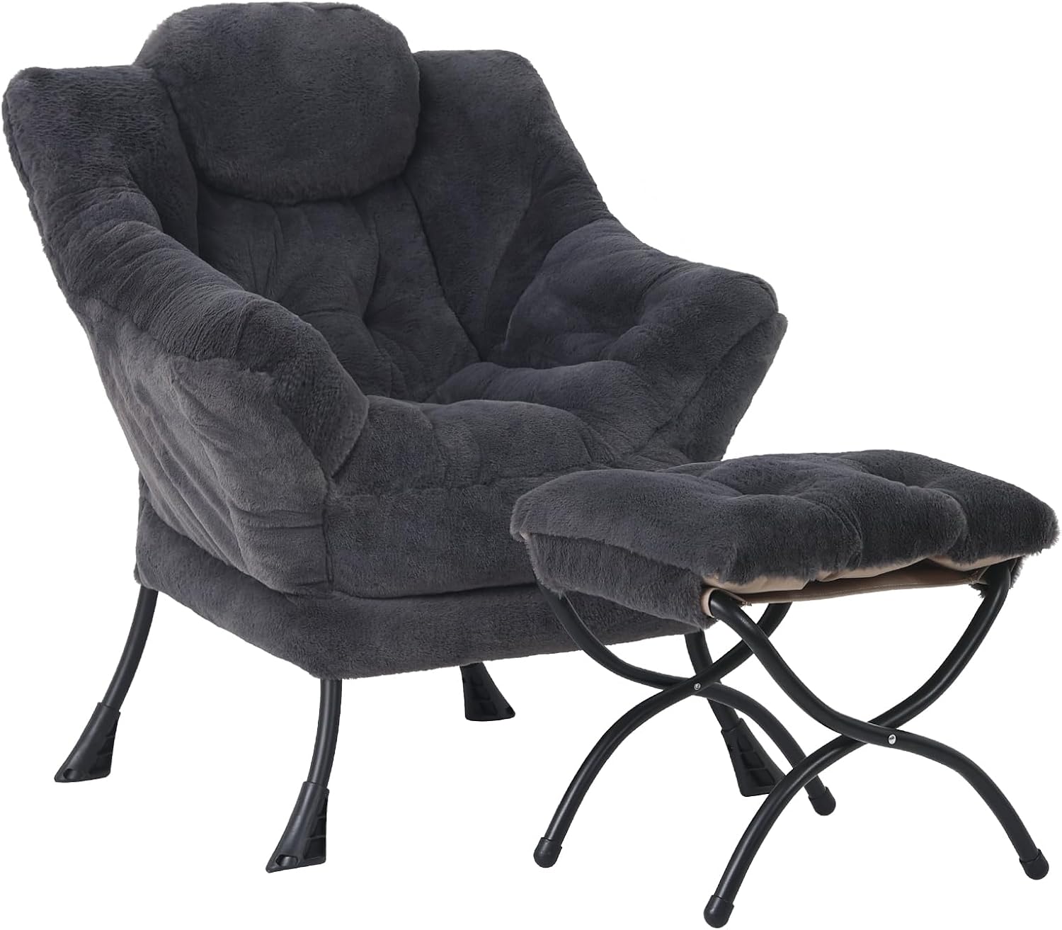 MBOOYOME Lazy Chair with Folding Ottoman, Modern Accent Lounge Armchair with Armrests and a Side Pocket & Foldable Footstool, Leisure Reading Chair for Living Room, Bedroom, Dorm & Office, Plush Navy