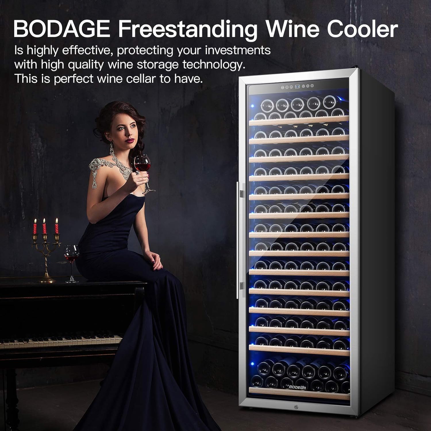 BODEGA 24 Inch Wine Cooler, 154 Bottle Large Refrigerator, Tall Freestanding Wine Fridge with Intelligent Temperature Memory & Humidity Control, Upgraded Quiet Compressor for Bedroom, Bar and Kitchen