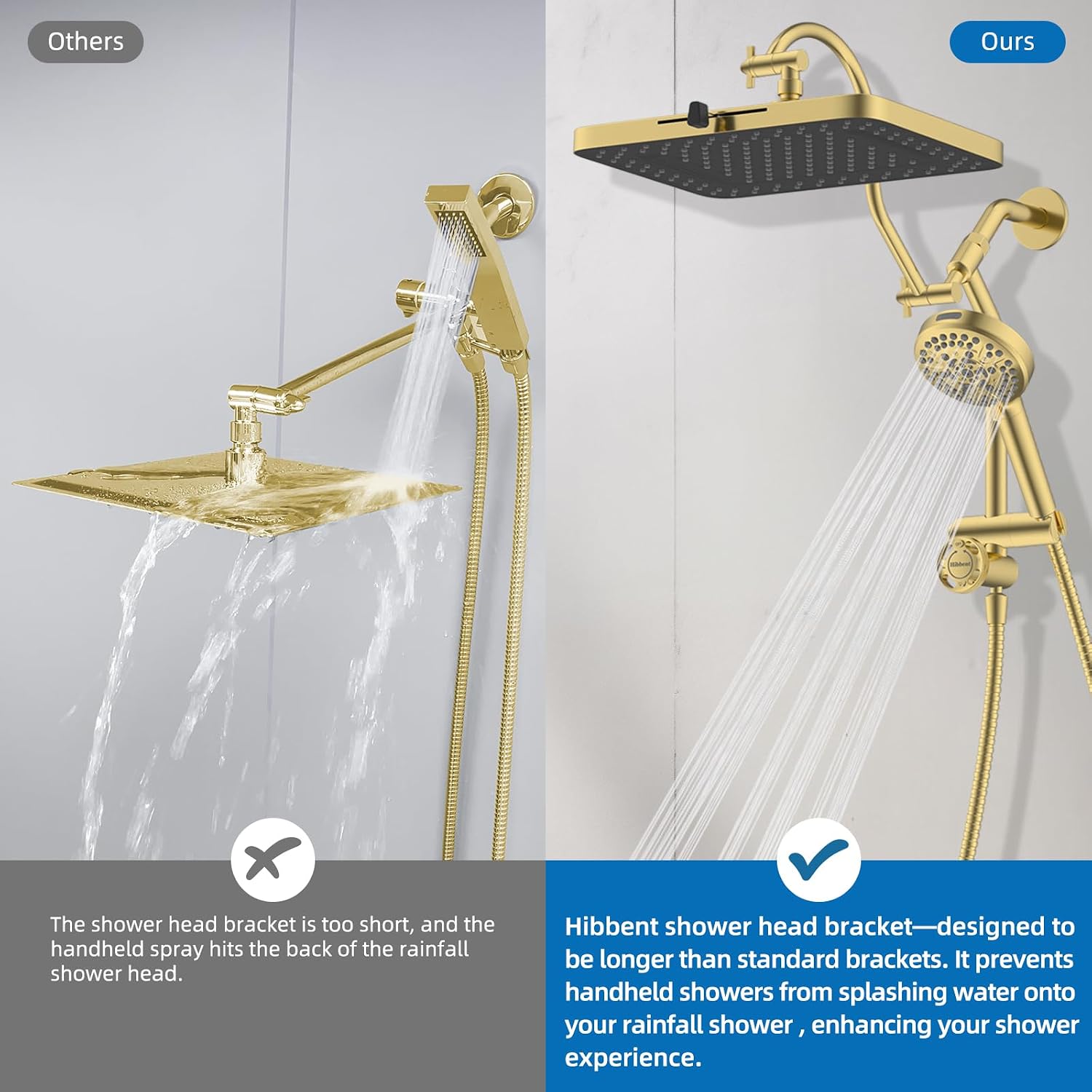 Hibbent cUPC Certified 13'' Shower Head Combo, High Pressure 5 Spray Rainfall Showerhead, 10 Spray Handheld, All Metal Easy Reach 4-way Diverter Arm with Pause Mode, 71'' Hose and Holder, Brushed Gold