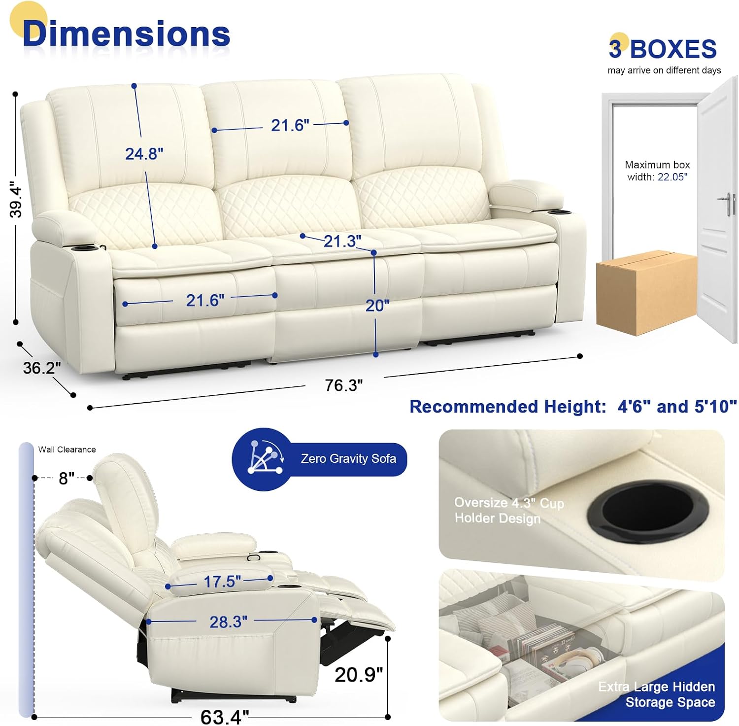 Recliner Sofa 3 Seater Sofa with Recliner, Home Theater Seating with Liftable Console & Removable Armrest, Manual PU Leather Reclining Couch with Cup Holders & USB Ports for Living Room/RV (PU,White)