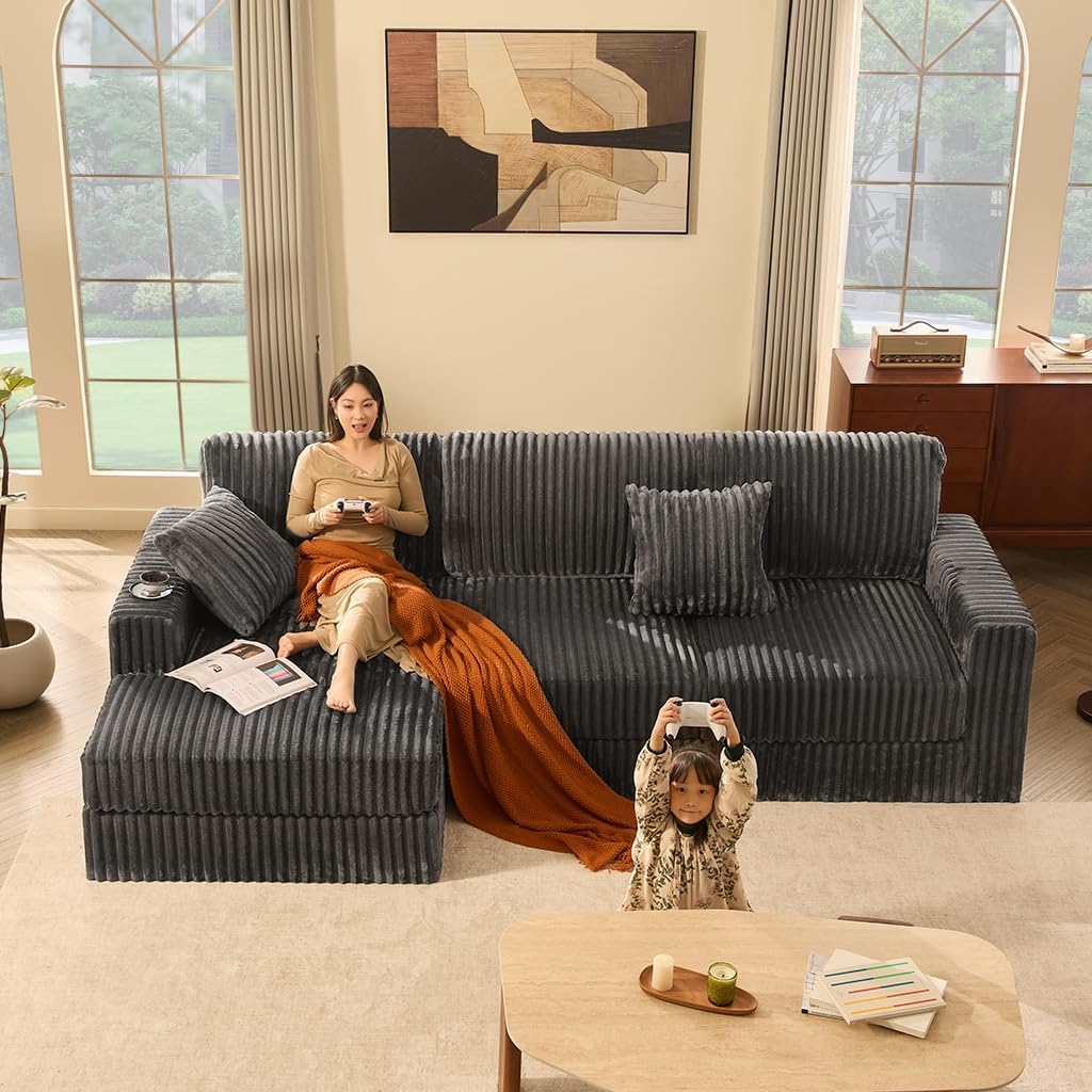 Cloud Couch 113' L-Shaped Couch (Not Boneless), 3-Seater Modular Sectional Couch, Queen Sofa with Corduroy Upholstery, Deep Seats, High Backrest & Pocket Spring Cushions, Left Facing Chaise, Grey