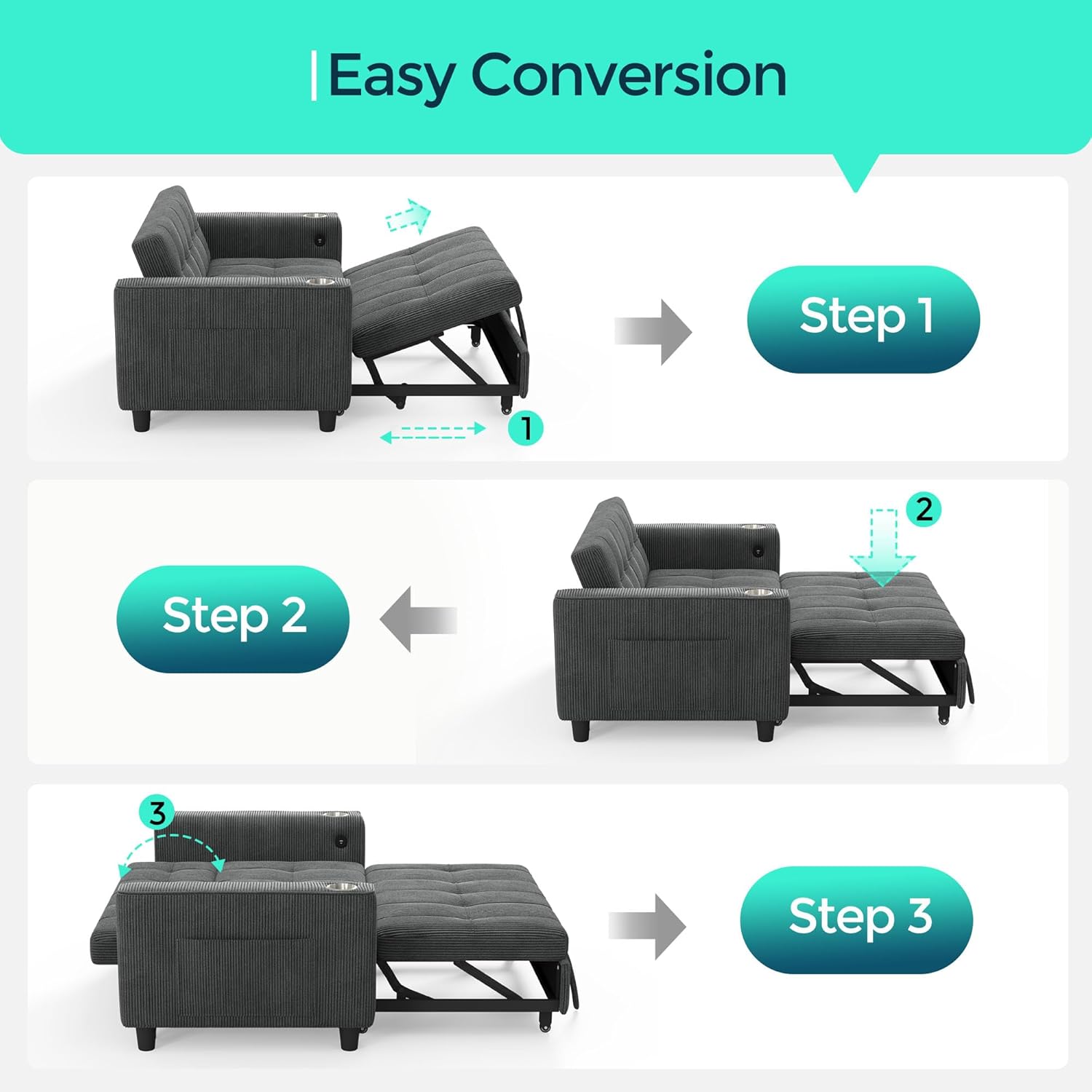 LINSY Sleeper Sofa Bed, 54' Pull Out Couch with Charging Station & Cup Holder, Small 3 in 1 Convertible Loveseat Sleeper Couch for Apartment, Dorm Room, Bedroom and Small Space, Corduroy Gray