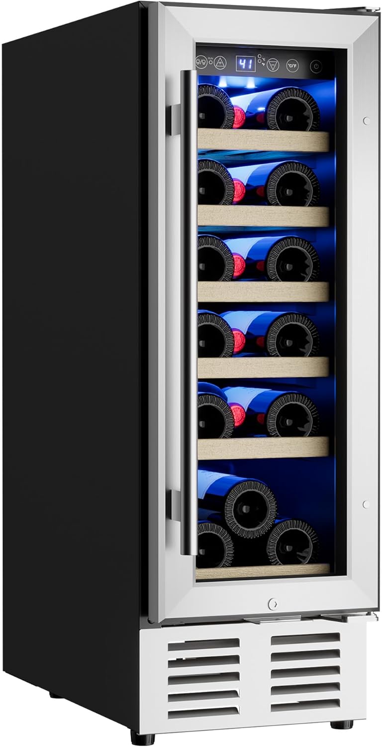 Icyglee 12 inch Wine Cooler Refrigerator, 18 bottle Wine Fridge Built-in or Freestanding with Double-Layer Tempered Glass Door, Mini Fridge with Digital Temp Control & Fast Cooling, Low Noise