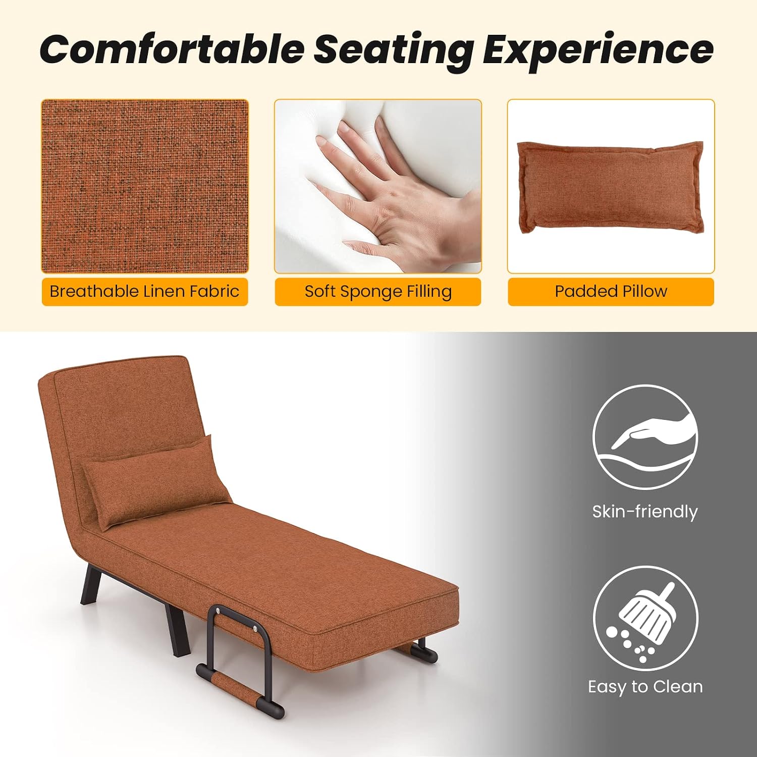 Giantex Convertible Sofa Bed, 4-in-1 Sleeper Chair with Pillow, Modern Recliner Guest Bed with 6 Position Adjustable Backrest, Metal Legs, Linen Fabric Armchairs for Nursery Living Room Office (Brown)